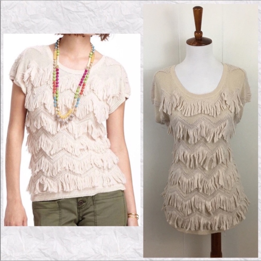 Anthropologie Yellow Bird Cream Crew Neck Fringe Knit Sweater Top size L/XL